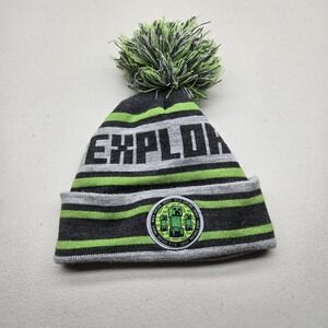 Minecraft Boys Beanie OS Gray Black Green Pom Logo Patch Creeper